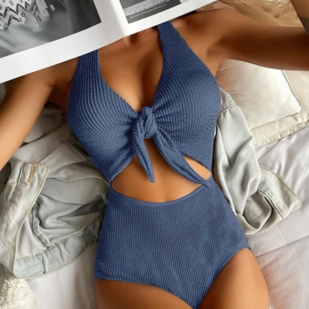 Textured one piece swimsuit with front knot